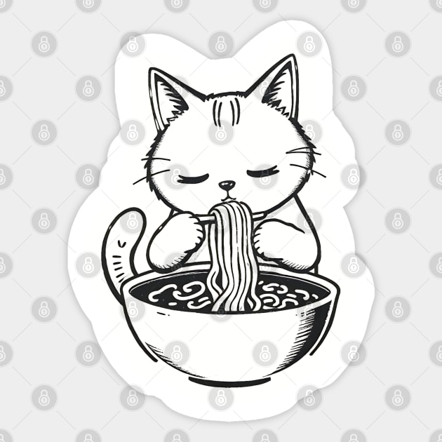 Cat Eating Ramen, Japanese Kawaii Anime for Cat Lovers, Men, Women, Kids Sticker by Pixel Threads 